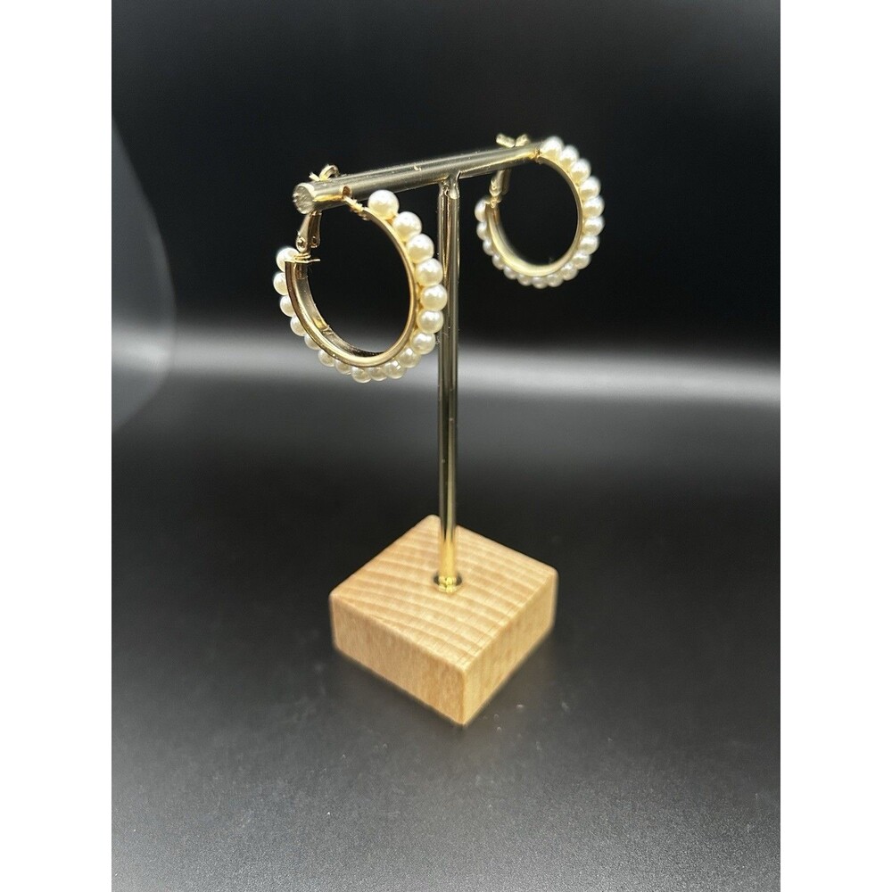 Faux Pearl Gold Tone Hoop Earrings Elegant